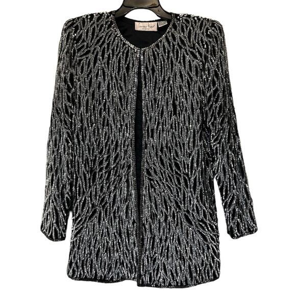 Laurence Kazar Sequin Beaded Top Cardigan 100% Silk Made in India Black Silver - Picture 1 of 5